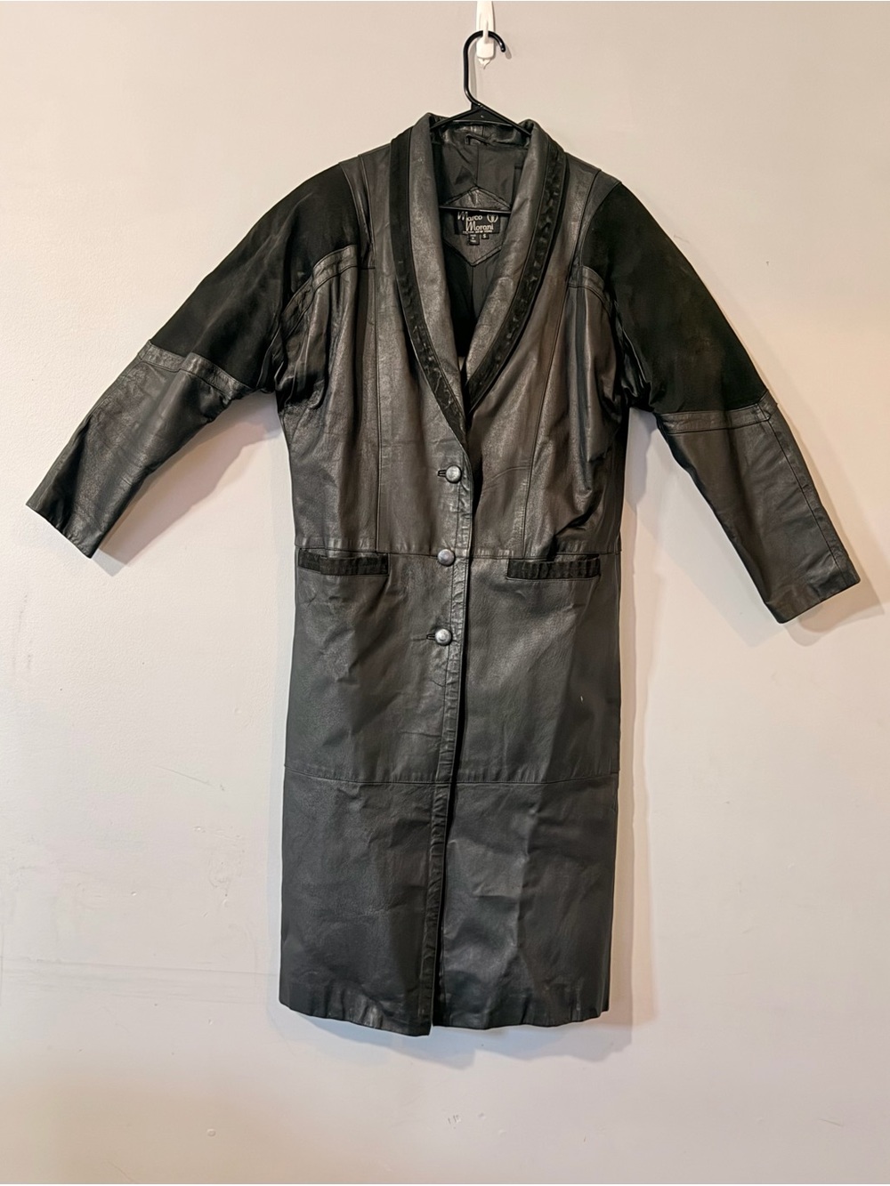 Marco Morani New York Black Genuine Leather Long Coat Size Small Vintage